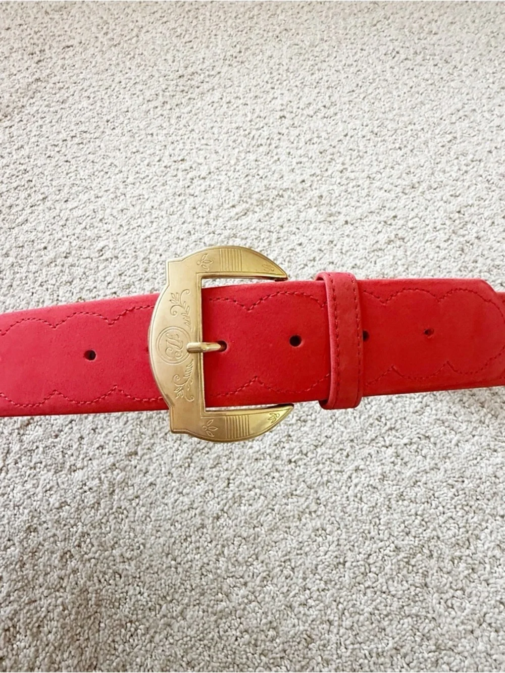 ECHO Burnt Red Suede Leather Belt Sz L Statement Classic Gold Western Career